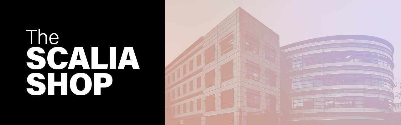 logo for "the Scalia Shop" with image of law school.